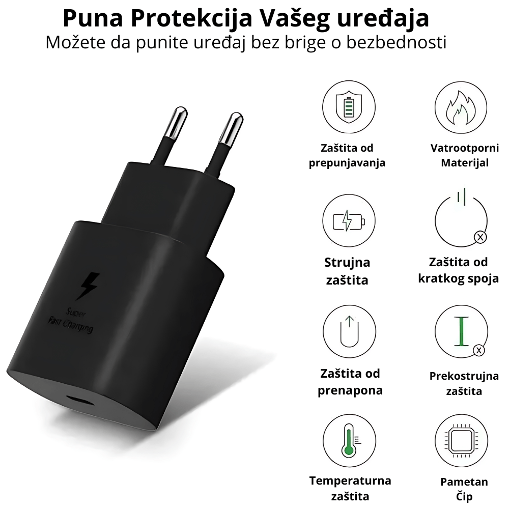 Samsung punjač komplet za brzo punjenje - Adapter od 25W i kabl za optimizovano i brzo punjenje, pružajući pouzdanu snagu za vaš Samsung telefon ili tablet.
