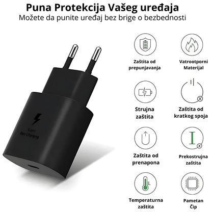 Samsung punjač komplet za brzo punjenje - Adapter od 25W i kabl za optimizovano i brzo punjenje, pružajući pouzdanu snagu za vaš Samsung telefon ili tablet.